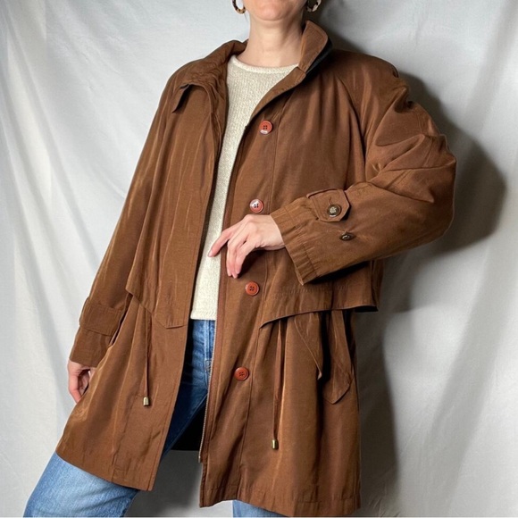 Vintage 90s insulated anorak jacket coat pecan trench brown oversized Gallery M - Picture 3 of 14